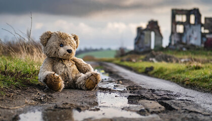 Old childrens teddy bear on road in front of destroyed house ruins - obrazy, fototapety, plakaty