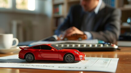 Toy Car In Front Of Businessman Calculating Loan
