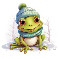 Obraz premium Illustration of a cute frog wearing a knitted hat, scarf on a white background.