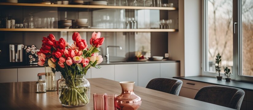 A wooden table is adorned with vases filled with vibrant flowers, enhancing the decor of a spacious apartment. The table is positioned near a kitchen counter,