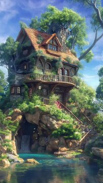 "A lakeside view embellishing a charming treehouse, seamlessly looping time lapse animation video background by AI."
