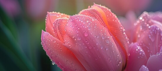 A close-up photograph of a pink tulip with sparkling water droplets on its delicate petals.