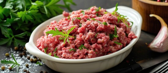 A close up view of a bowl filled with a savory meat medley made from deliciously tender raw minced beef, ready for cooking.