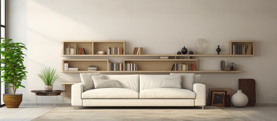 A modern living room in a contemporary apartment featuring a white couch, a potted plant, a shelf with a rug, and white walls. The space exudes a minimalist and sleek aesthetic.