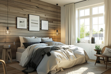 A modern bedroom with a cozy bed, wooden wall, stylish lighting, and a view of the outdoors through large windows.