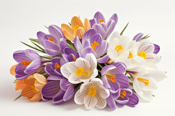 Obraz na płótnie Canvas A stunning bouquet of spring crocus flowers in full bloom, showcasing a mix of purple, white, and orange petals against a clean white background.