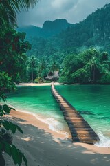 A breathtaking coastal scene where the emerald sea meets a white sandy beach, with a dense jungle backdrop and a single, quaint wooden pier stretching into the water