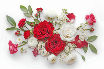 Obraz na płótnie Canvas A beautiful arrangement of red and white roses, accompanied by delicate baby’s breath flowers, artistically laid on a white background.