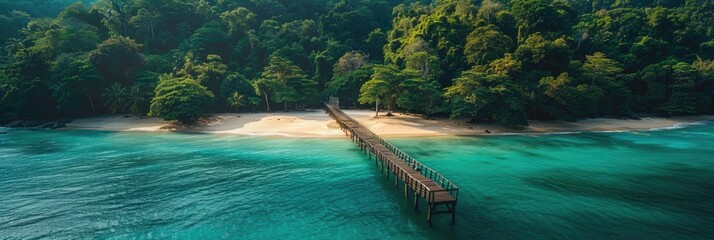 A breathtaking coastal scene where the emerald sea meets a white sandy beach, with a dense jungle...