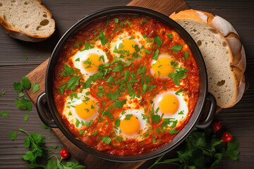 A delicious, eye-catching image of shakshuka cooking in a cast iron skillet. The eggs are poached in a sauce of tomatoes, chili peppers, and onions, sprinkled with fresh herbs.