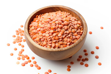 Fototapeta na wymiar A vibrant display of red lentils in a wooden bowl, isolated against a white background.