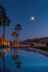 A majestic view of towering sand dunes under a star-filled sky, with an oasis of palm trees and a tranquil pool reflecting the moonlight in the desert
