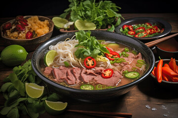 Delicious bowl of Asian chicken noodle soup Pho, garnished with fresh herbs, chili, and lime slices