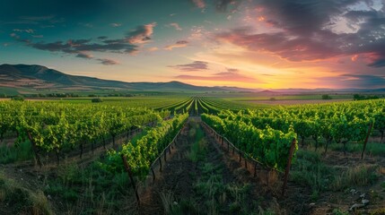 Naklejka premium Green Vineyard Rows at Sunset in Summer
