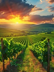 Naklejka premium Green Vineyard Rows at Sunset in Summer