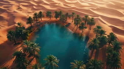 Fototapeta na wymiar Desert Mirage Realized: An Aerial Perspective of a Lush Oasis with Brilliant Blue Waters and Palm Trees Amidst the Expansive Sea of Sand Dunes