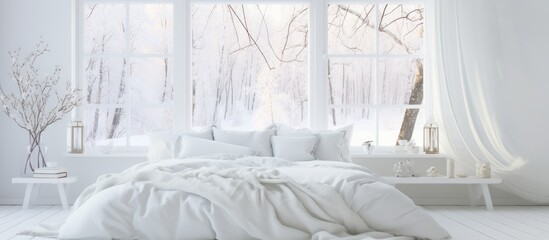 A white bedroom featuring a large window with a view of a winter landscape. The room is decorated in a Scandinavian interior design style with a white bed as the focal point.