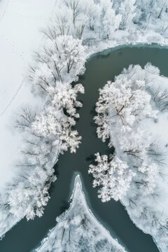 Drone's Perspective: The Artistry of Ice and Snow on a Glacial River, Branching Through Winter's Embrace