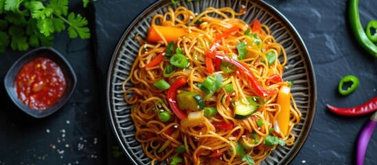 A plate of popular Indo Chinese recipe Schezwan Noodles presented from a top perspective, showcasing the delectable combination of noodles, vegetables, and flavorful sauce.