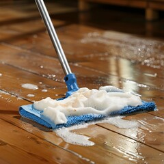 Floor Cleaning with Mop and Cleanser Foam on Parquet Floor - obrazy, fototapety, plakaty