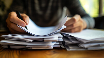 Person writing on paper amidst a pile of documents representing work, administration, organization, and paperwork. - obrazy, fototapety, plakaty