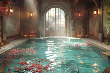 Relax pool room with flowers and candles