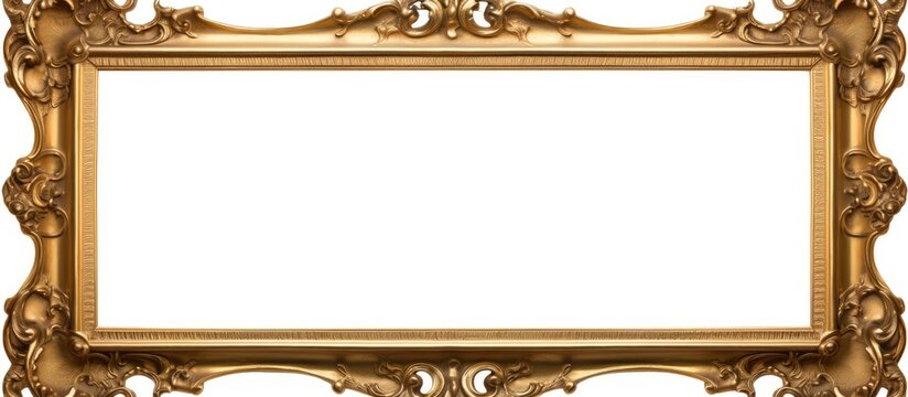 An ornate gold frame, designed for paintings, mirrors, or photos, stands out against a clean white background. The intricate details of the frame catch the light,