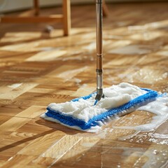 Floor Cleaning with Mop and Cleanser Foam on Parquet Floor