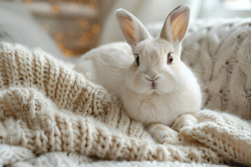 White rabbit sitting on a home sofa on knitted blanket