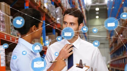 Animation of network of connections with icons over diverse female and male workers in warehouse - Powered by Adobe