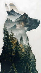 Double Exposure of Dog with Trees and Mountains