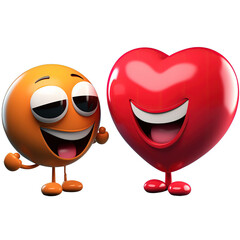 Dwie emotikony 3D. Czerwone serce i żółta buźka. Oboje śmieją się uśmiechnięci. Błyszcząca powłoka - obrazy, fototapety, plakaty