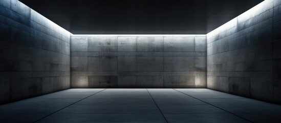 A dimly lit room with concrete walls and floor, creating an abstract architectural background. The room is empty and dark, illuminated by sparse light sources,