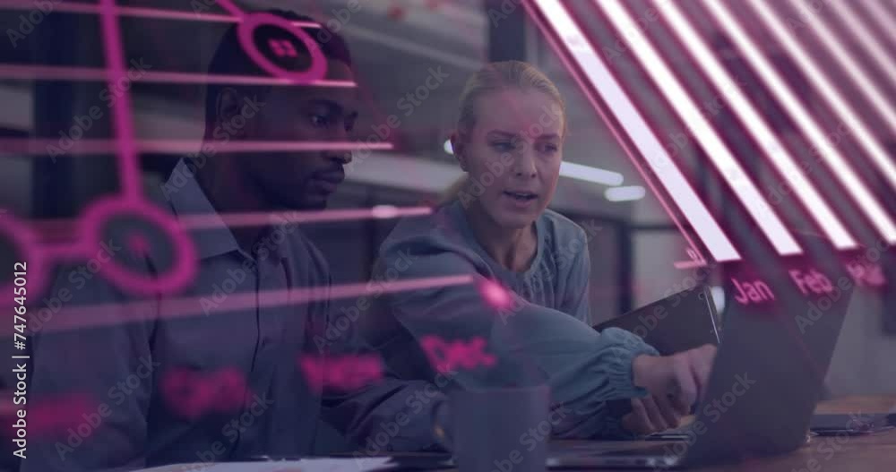 Poster animation of financial data processing over diverse colleagues discussing work in office