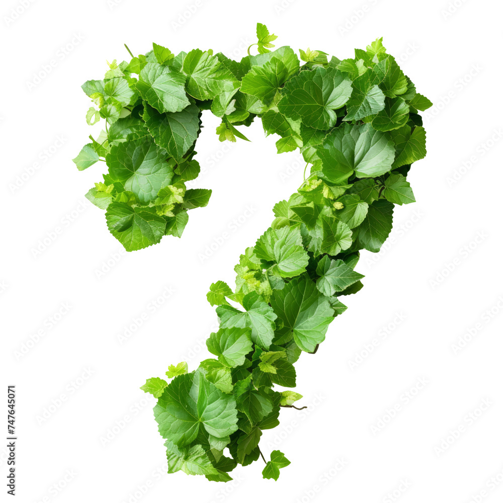 Fototapete A collection of numbers from a pile of tropical leaves. Green leaves of tropical plants forming number seven are isolated in a transparent background. Created with Generative AI.