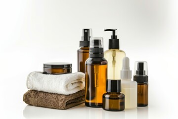 Facial bodycare skin care cream. Skincare treatment products: pot lotion, skincare treat gel, oil, pipette with towel serum and softness jar pot