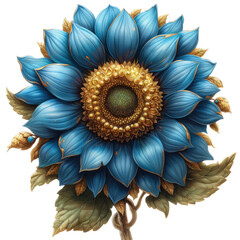 Na obrazie znajduje się niebieski kwiat z zielonymi liśćmi i złotymi akcentami które są starannie namalowane. Kwiat jest centralnym punktem obrazu a złoto podkreśla jego piękno i delikatność