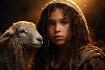 Capturing serenity: a tender portrayal of the little child Jesus Christ herding sheep, an endearing and symbolic scene embodying innocence, faith, and the pastoral charm of the biblical narrative