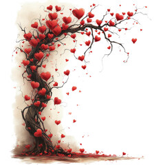 Na obrazie znajduje się obraz drzewa, na którym umieszczono serca. Malowidło przedstawia drzewo z wyraźnymi motywami serc. Dwie płaszczyzny ściana i podłoga tworzą efekt trójwymiarowy 3d - obrazy, fototapety, plakaty