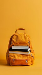 School Backpack with Books Isolated on Flat Background with Copy Space