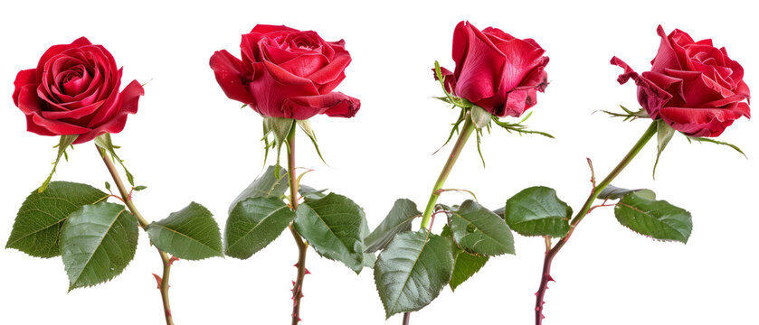 A collection of fresh red roses that still have stems and leaves. A collection of roses for a romantic and affectionate design isolated within a transparent background. Created with Generative AI.