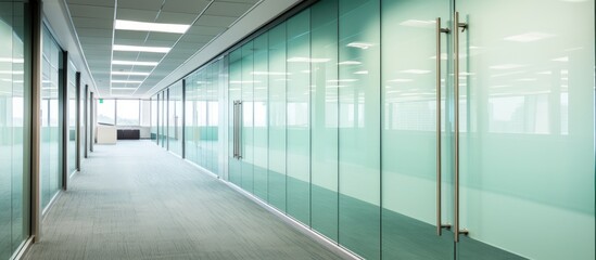 The long hallway is lined with transparent glass walls and doors, allowing natural light to illuminate the space. The sleek design gives a modern and professional atmosphere to the office environment.