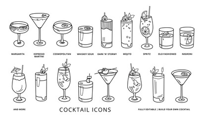 Set of Cocktail Icons / Illustrations Vector	
