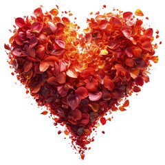 Serce wykonane z czerwonych płatków kwiatów. Kwiaty ułożone w kształt serca, tworząc wyraźny kontrast kolorystyczny - obrazy, fototapety, plakaty