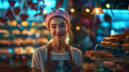 Obraz premium Beautiful baker girl standing in a bakery shop wearing pink toque hat and apron with a smiling face, blue eyes and red lipstick is smiling looking towards the camera with baked good and lights in back