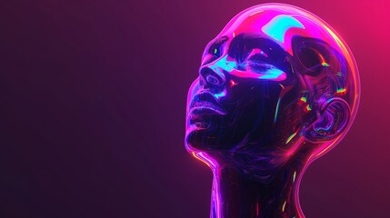Futuristic AI female robot in neon colors. 3D-rendered human head on gradient backdrop. Virtual reality, face identification, advanced tech. Glowing light head model. DNA, mind, brain possibilities.