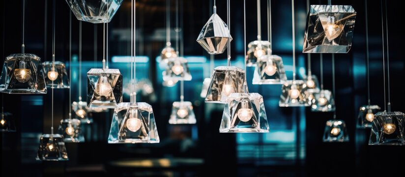 A multitude of lights are suspended from the ceiling in an abstract white and colored gradient glass interior of a multilevel public space.