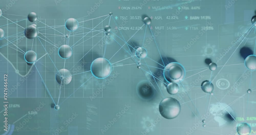 Poster animation of network of connections with circles over data processing on grey background