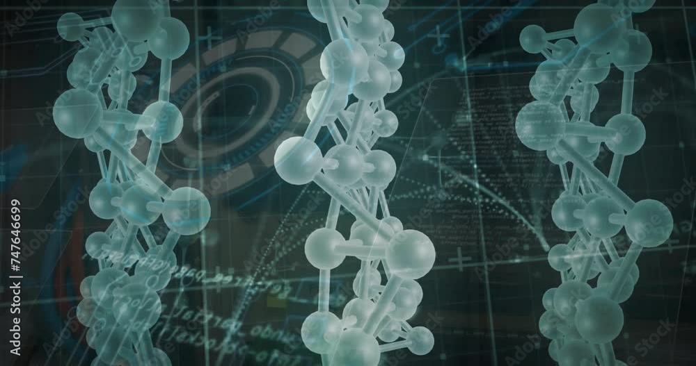 Sticker Animation of molecules and dna strand over data processing with scope scanning on black background