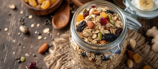 A healthy breakfast of homemade oatmeal muesli, nuts, seeds, and dried fruit is showcased in a...